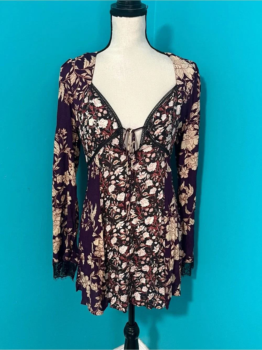 Free People S Odette Purple Floral Printed Long Sleeve Tunic Top